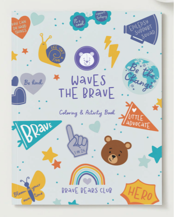 Coloring and activity book titled 'Waves the Brave' with various illustrations and text on a light blue background.